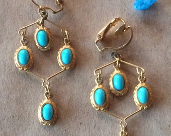Elegant Vintage Gold & Blue Chandelier Clip Earrings