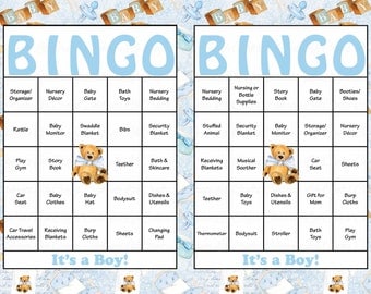 100 Teddy Bear Baby Shower Bingo Cards - 100 Unique Prefilled Bingo Cards - Boy Baby Shower Game - Baby Blue Teddy Bear Download - B32002