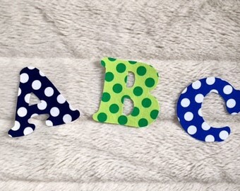 Iron on Letter or Number Applique Iron on Initial Applique in Navy, Green and Royal Blue Polka Dots