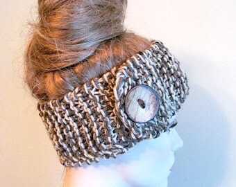 Headbands Earwarmers Turban Buttons Chunky Knit Brown Taupe Variegated Fall Winter Accessories Headcovers Womens Girls Knit Headwraps