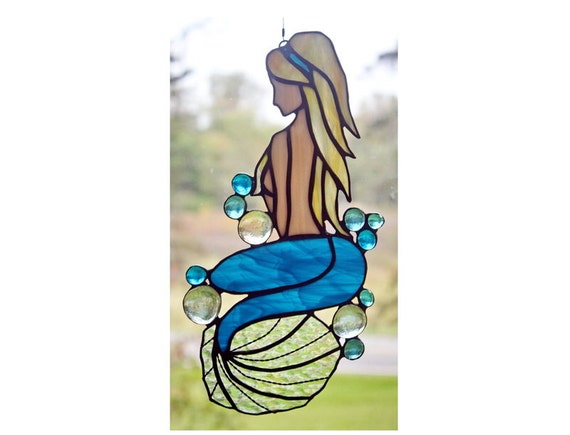 Custom Made Stained Glass Mermaid Panel Beach Decor By Berlinglass