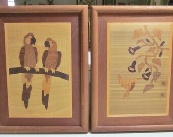 Vintage Wood Inlay Wall Art, Pair of Bird Wall Hangings, Parrot Wall Art, Hummingbird Wall Art, Marquetry Wall Art