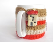 French home decor Cozy Mug Warmer Coffee Brown earth color House Artisanal Ceramic button sweater Tea Sleeve Cover Crochet Wool