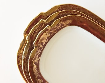 Three Antique Porcelain Platters, Paul Muller Selb Bavaria, Gold Encrusted Brick-Red Band, Antique Oblong Porcelain Platters Three Sizes