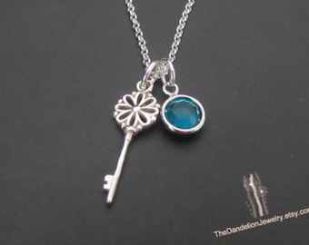 Flower Key Necklace with custom Birthstone, Sterling Silver Necklace, Charm Necklace, Jewelry, Gift