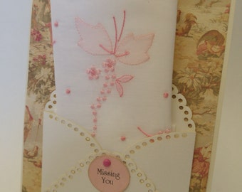Keepsake Gift Vintage Embroidered Handkerchief Miss You Friendship Thinking Of You Hanky Greeting Card