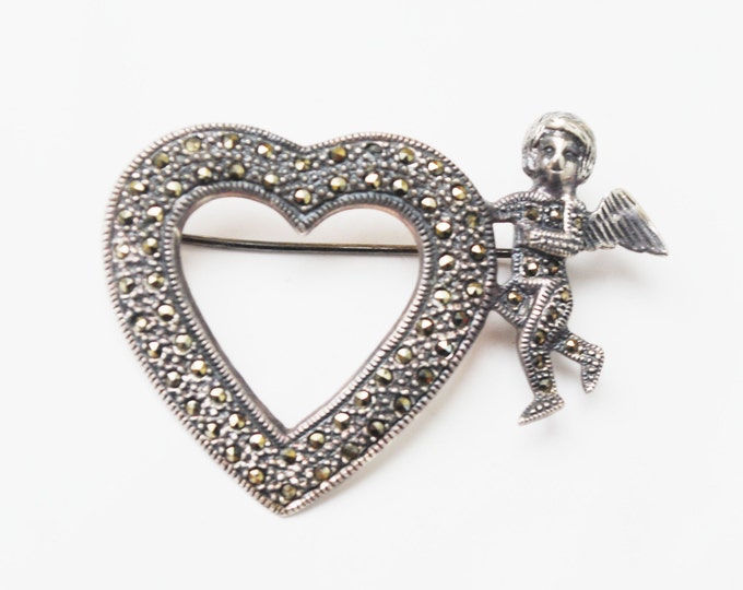 Sterling Heart Brooch - Sterling Silver - Marcasite - Cupid pin