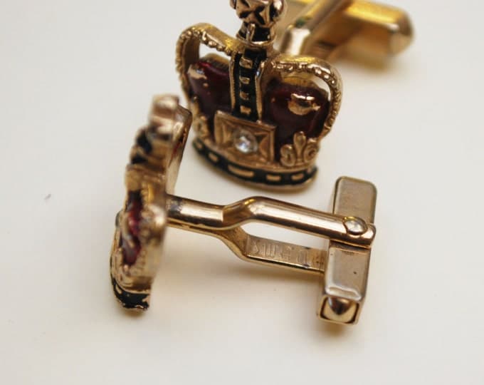 Swank Crown Cuff links - Red clear Rhinestone - Gold - Heraldic -Cufflinks