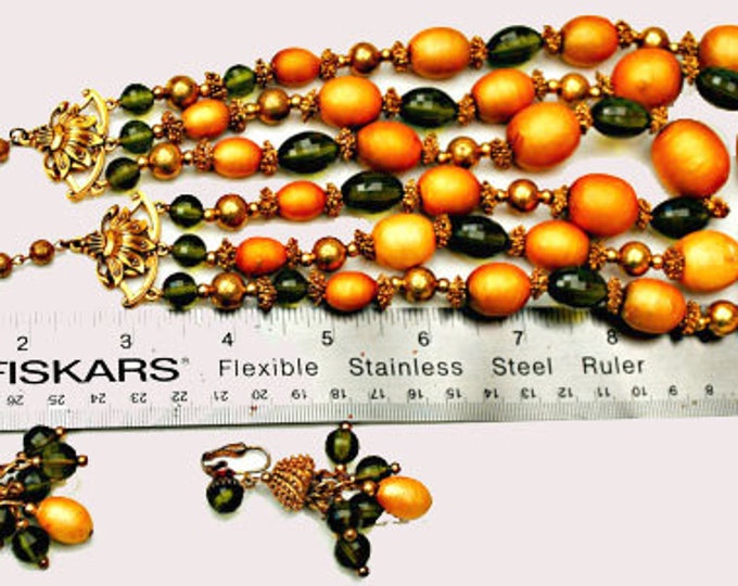 FLORENZA Necklace and Earring - Triple strand Orange Green Beads - clip on earrings - Vintage jewelry set