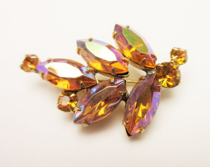 Rhinestone Brooch - Aurora Borealis Amber Orange Rhinestone - mid century - Leaf pin