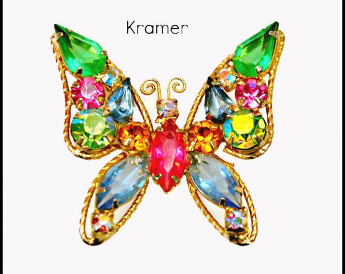 Butterfly Rhinestone Brooch - colorful open back crystal - Signed Kramer - Insect pin - Mid Century