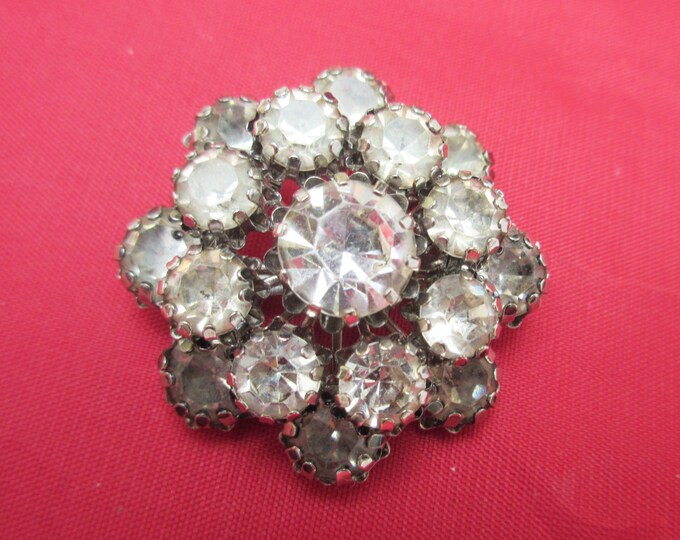 Atomic Rhinestone Brooch - Clear Ice crystal -domed layered - Mid century pin