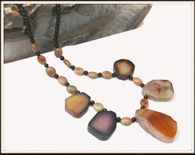 Handmade Agate Jasper and Obsidian necklace
