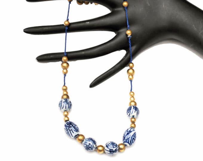 Blue White Bead necklace Chinese porcelain Blue Gold bead blue silk strand