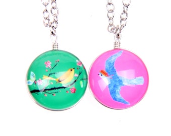 Set of 2 Necklaces two birds Double sided cabochon
