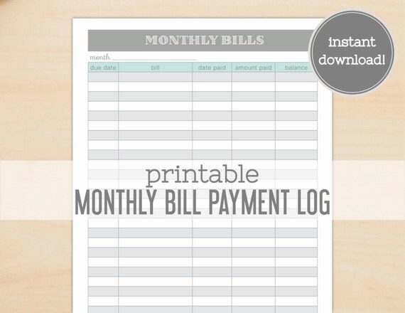 Monthly Bill Payment Log Printable Simplicity by CitrusPaperCo