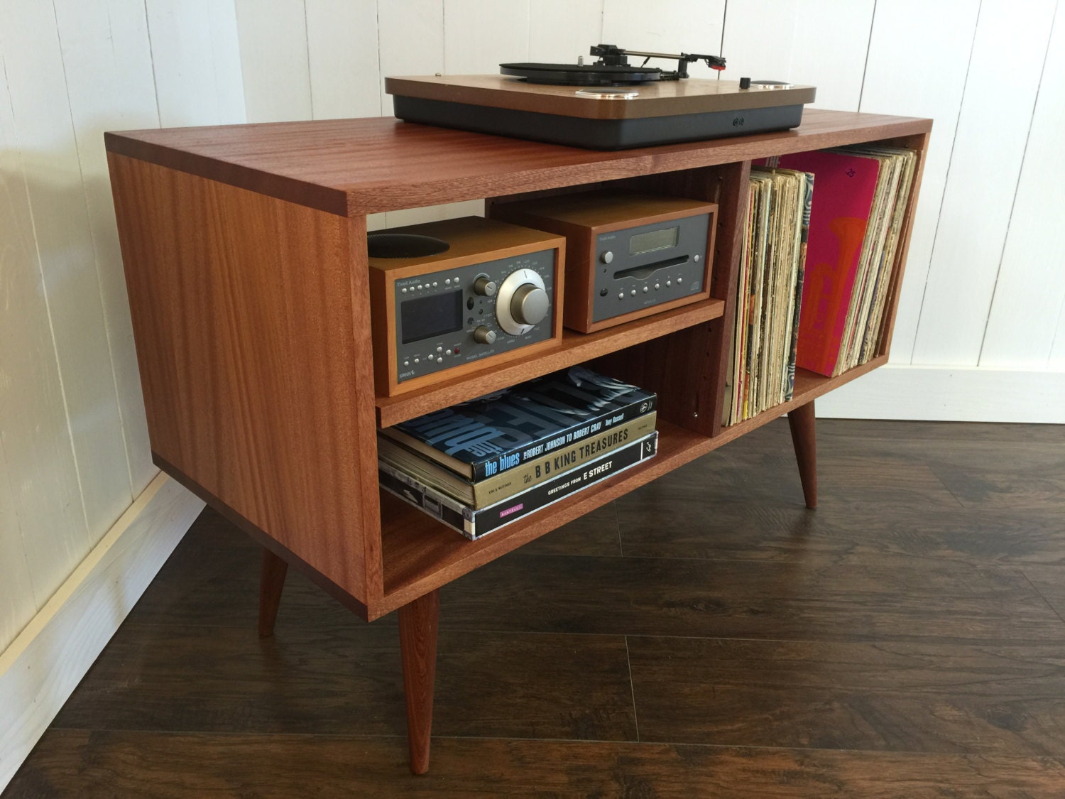 New mid century modern record player console turntable