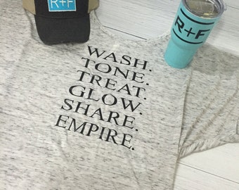 Ladies Domlan Sleeve Rodan and Fields Shirt, Wash, Tone, Treat, Glow, Share, empire