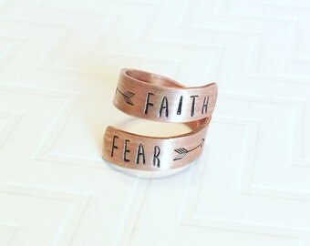 Faith Over Fear Ring - Copper Wrap Ring - Hand Stamped Ring - Gift For Her - Religious Ring - Skinny Block Font