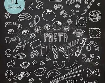 Chalkboard Pasta Clipart/Italian Kitchen/Spaghetti Clipart/Chalk Drawing Collection/Food Clipart/Editable Vector EPS + PNG Files