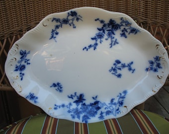 Antique Flow Blue Platter "Rose" Pattern by W.H. Grindley