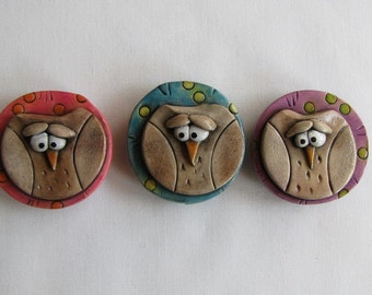 Whimsical Owl Magnet Set of 3, Colorful Owl Magnets, Refrigerator Owl Magnets, Three Cute Whimsical Owl Magnets