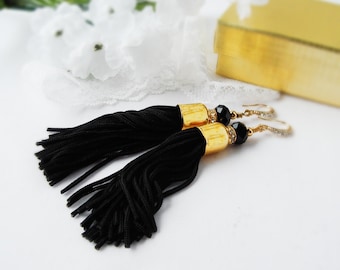 Free Shipping,Tassle Earrings, Black Tassle Earrings with Gold Plated Bead Caps and Rhinestone Hook Earwire