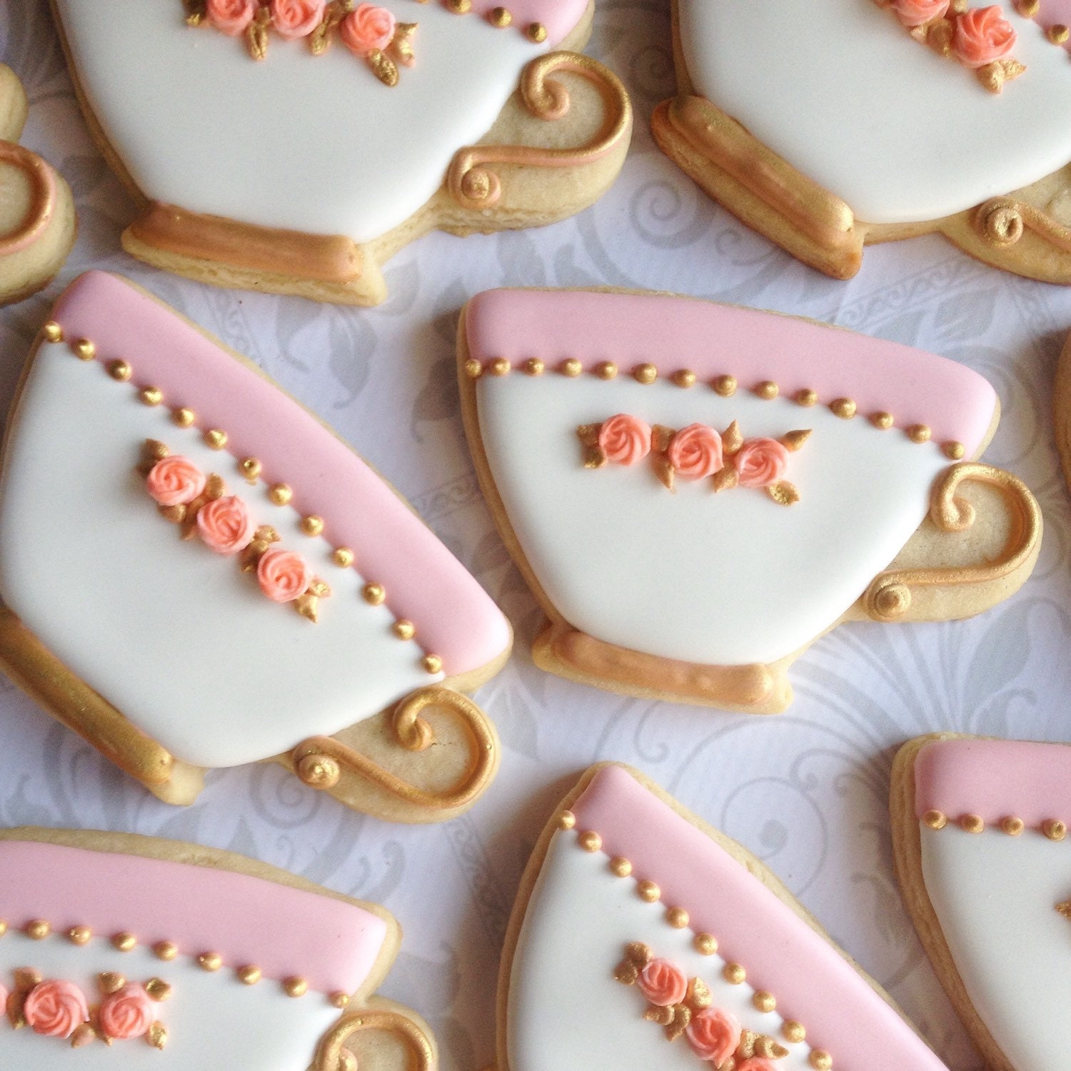 Elegant White Teacup Decorated Cookies One Dozen Decorated