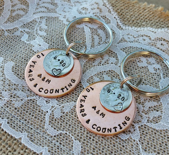Matching 10 Year Anniversary Stamped Dime Keychains by TiffysLove