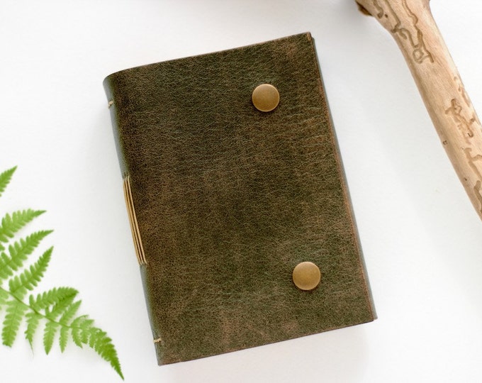 Aged Olive Leather Journal, A6, Pocket Leather Notebook, Travel Book, Blank Cream Paper