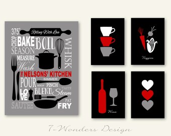 Red Black Kitchen, Personalized Kitchen Art Subway Style with Cups and Hearts Prints, Set of (5) 5"x7's" and 11"x14" // Modern Kitchen Art
