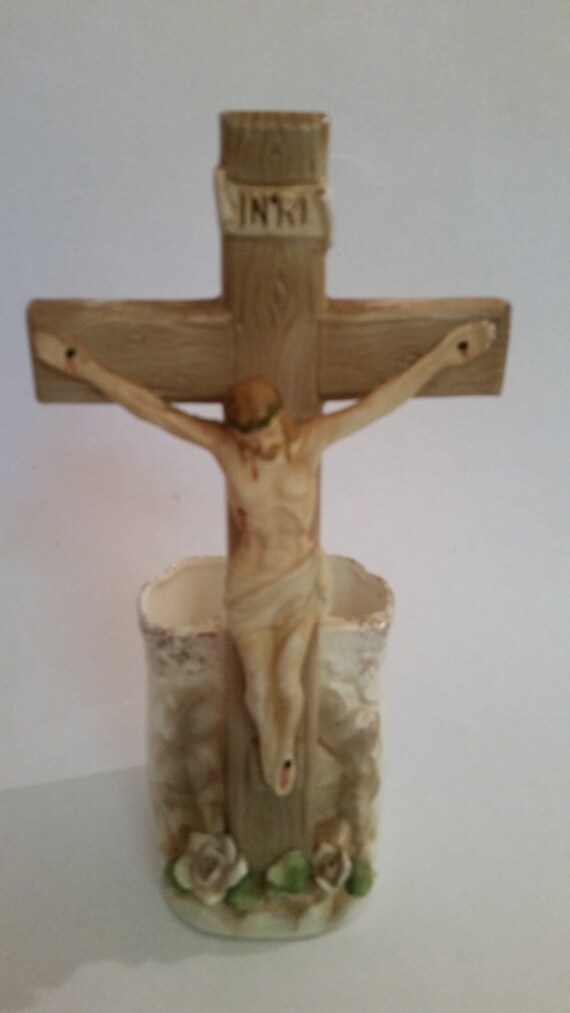 Vintage Jesus on the Cross Vase 50's Ceramic Crucifix