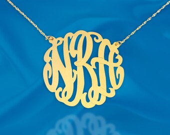 Gold Monogram necklace - 1.25 inch Sterling silver 24K Gold Plated Handcrafted - Initial Necklace - Personalized Monogram - Made in USA