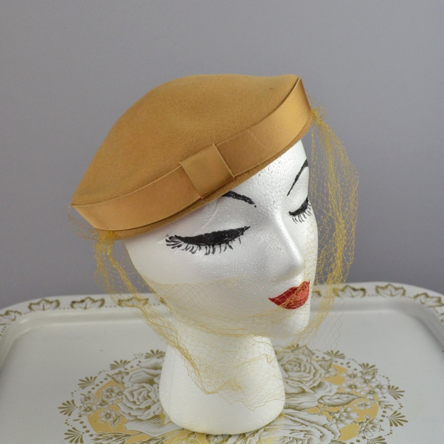 Fashionable Camel 1950s Wool Hat w/ Netting By Ritz Haute Juice