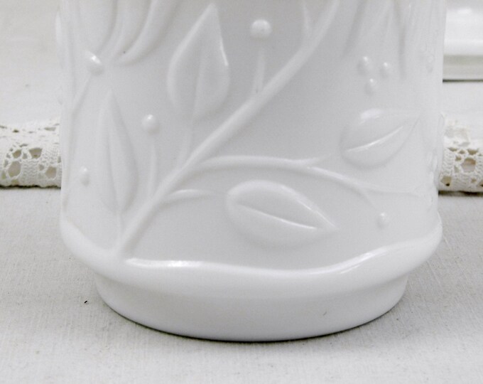 Vintage White Milk Glass Apothecary Decorative Jar with an Embossed Leaf Pattern, Opalex, Verre Opale, French Vintage Decor, Shabby Chic