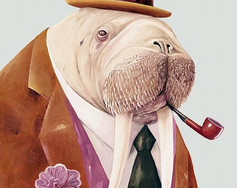 Walrus Art Print, Walrus Illustration, Walrus Painting, Dapper Animal, Animal Poster, Dressed Animals, Walrus Poster