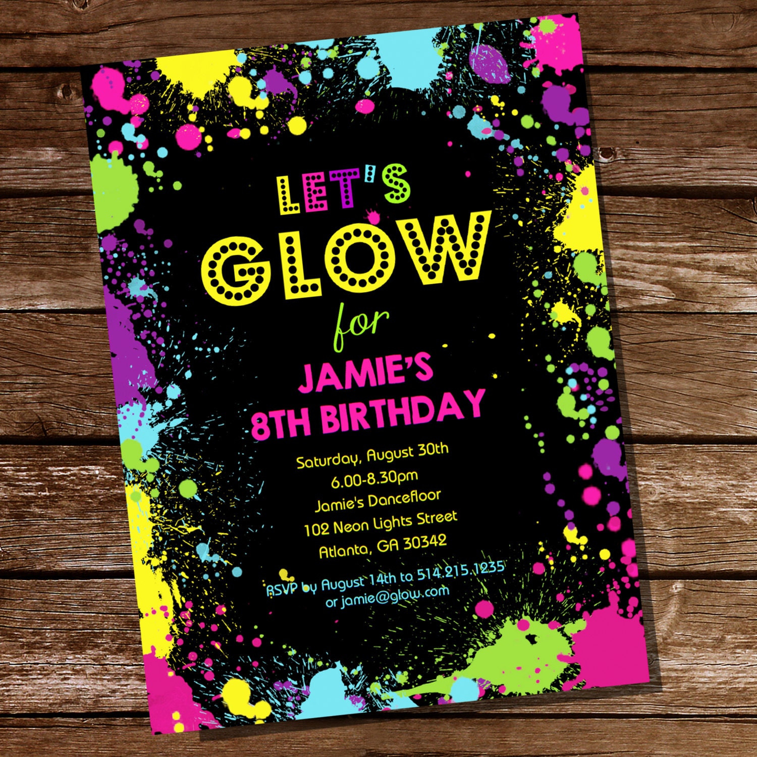 Neon Glow Party Theme Invitation Instantly Downloadable and