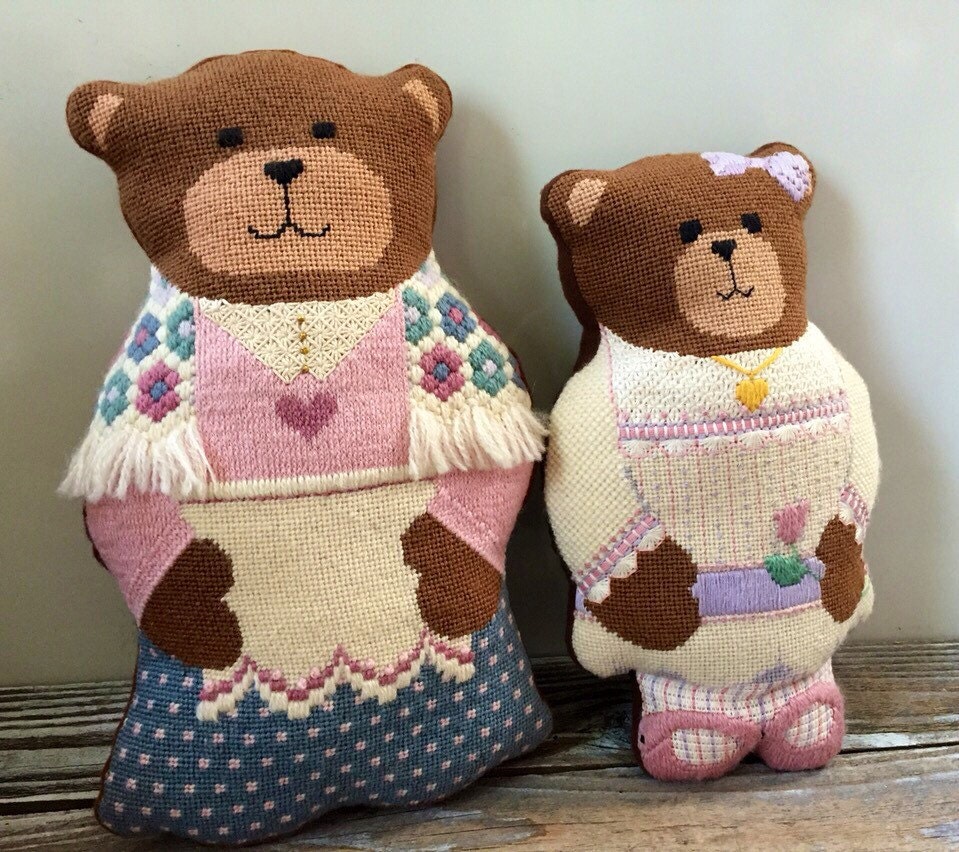 Vintage Needlepoint Teddy Bears Pair Stuffed Bears