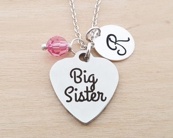 Big Sister Necklace - Sister Necklace - Personalized Initial Necklace - Sterling Silver Necklace - Swarovski Birthstone Necklace