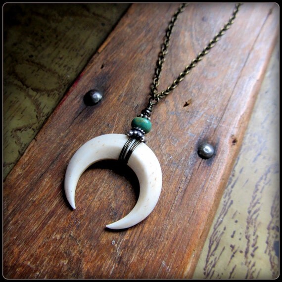 Moon Necklace double horn crescent moon pendant wood bone