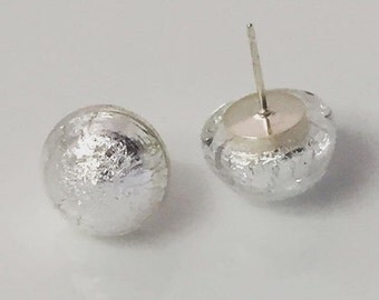 Murano Button Earrings, Murano Glass Earrings, Murano Glass Studs, Sterling Silver Earrings, Venetian Silver Foil Earrings, READY TO SHIP