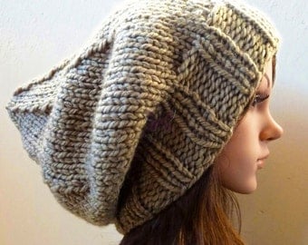 Slouchy beanie Winter hat - Lt Khaki (or Choose Color) - knit - accessories - Wool - slouch - baggy - under 40 - gift