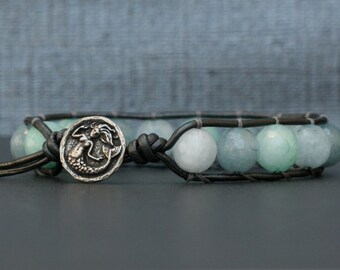 mermaid bracelet - aquamarine, amazonite and blue jade on pewter leather - boho gypsy bohemian beach jewelry - bangle bracelet - blue aqua