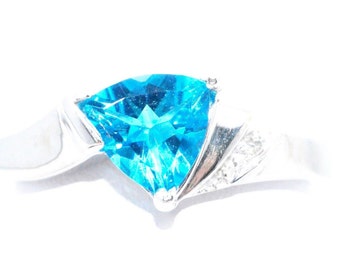 14Kt White Gold Swiss Blue Topaz & Diamond Trillion Ring