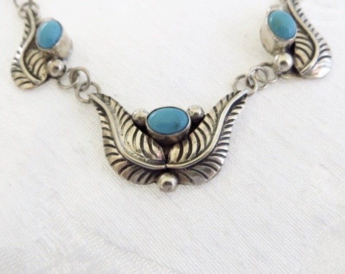 Navajo Sterling Necklace Silver Turquoise Bib Southwestern Style Old Pawn Style