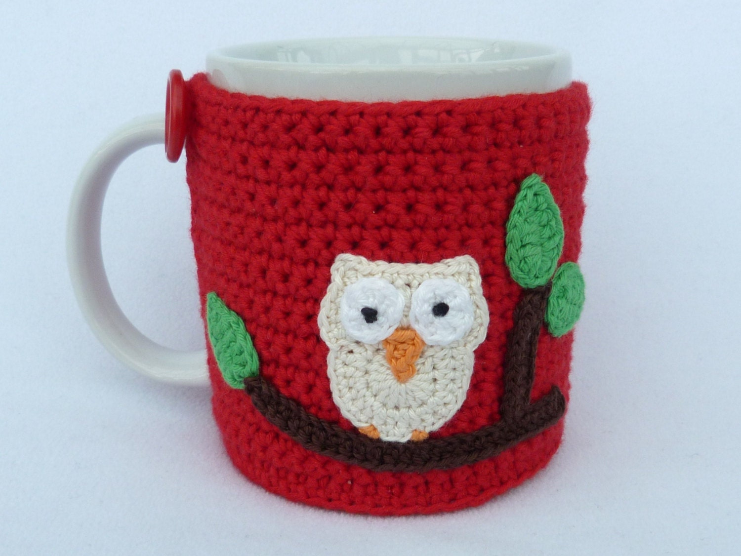 Red crochet owl mug cozy by MyfanwysMakes on Etsy