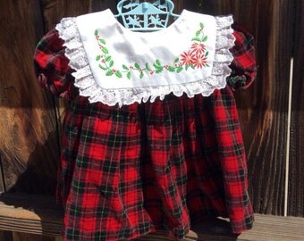 B.T.Kids Baby Girl Dress Red Velvet Holiday Christmas Sz 12M Plaid Poinsettias