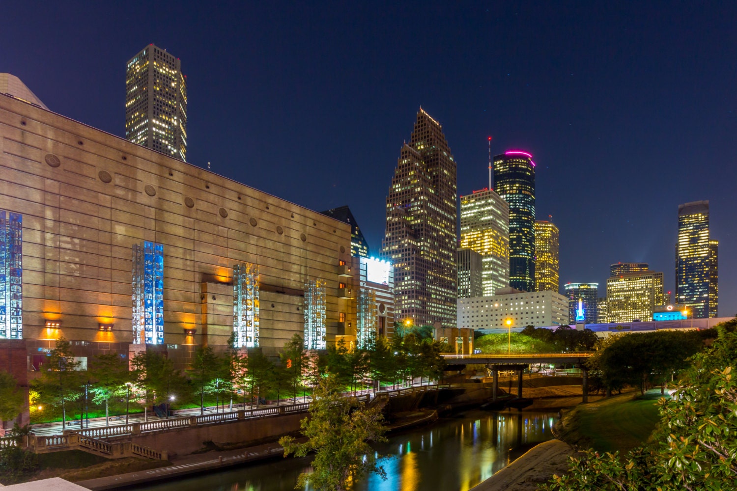 Downtown Houston Buffalo Bayou at Night Landscape