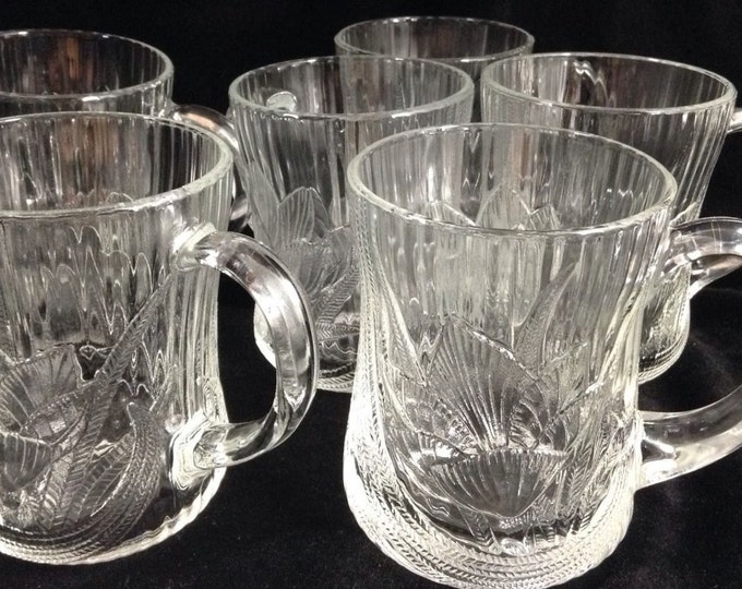 Arcoroc Crystal Coffee Mugs Crystal Canterbury Crocus Pattern, Set of 6 Vintage Mugs with Relief Floral Design