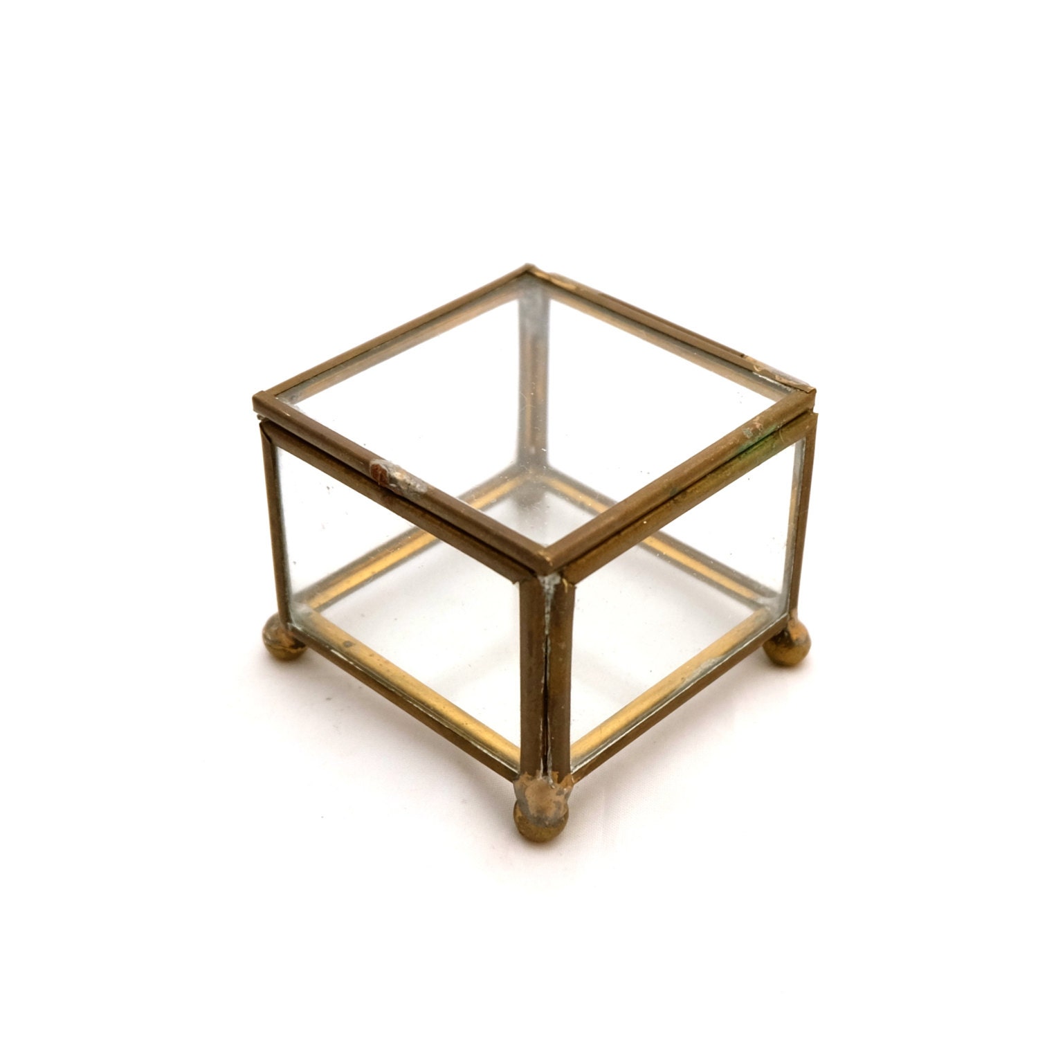 Small Square Glass Curio Display Box, Brass & Glass Coffin Curio Box